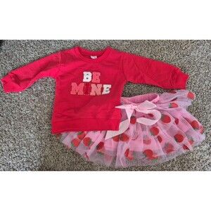Lot 2 Baby Girl NWOT: Red "Be Mine" Sweatshirt 12-18M & Strawberry Tutu 9-12M
